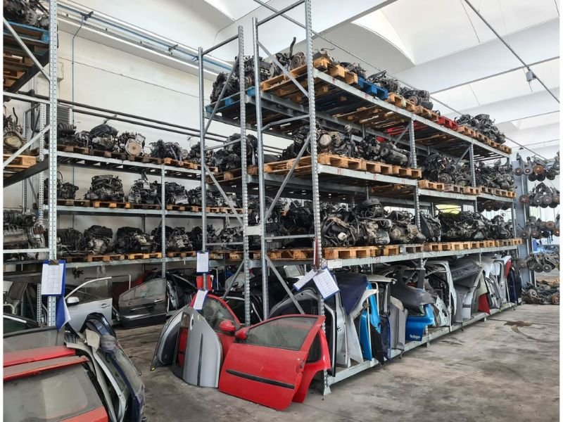 Magazzino motori usati garantiti RicambiMotoriUsati Rimini — scaffali con centinaia di motori e ricambi auto